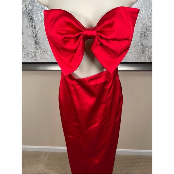SAU LEE Esther Strapless Bow Cutout Red Satin Pencil Maxi Dress Size 8 - Picture 4 of 14